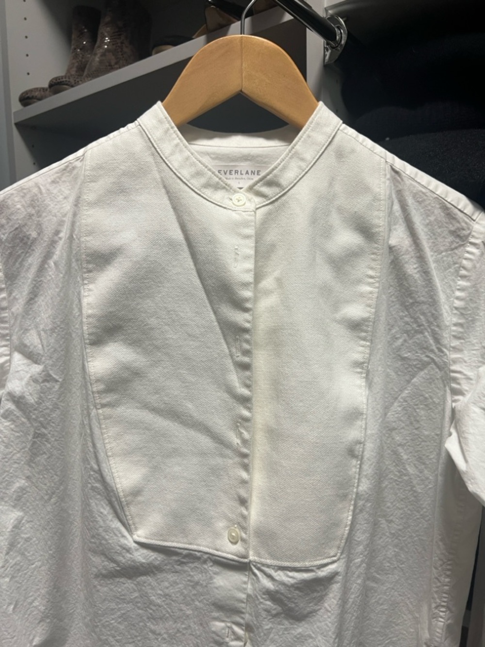 Everlane White Round-Neck  Tuxedo Button Top